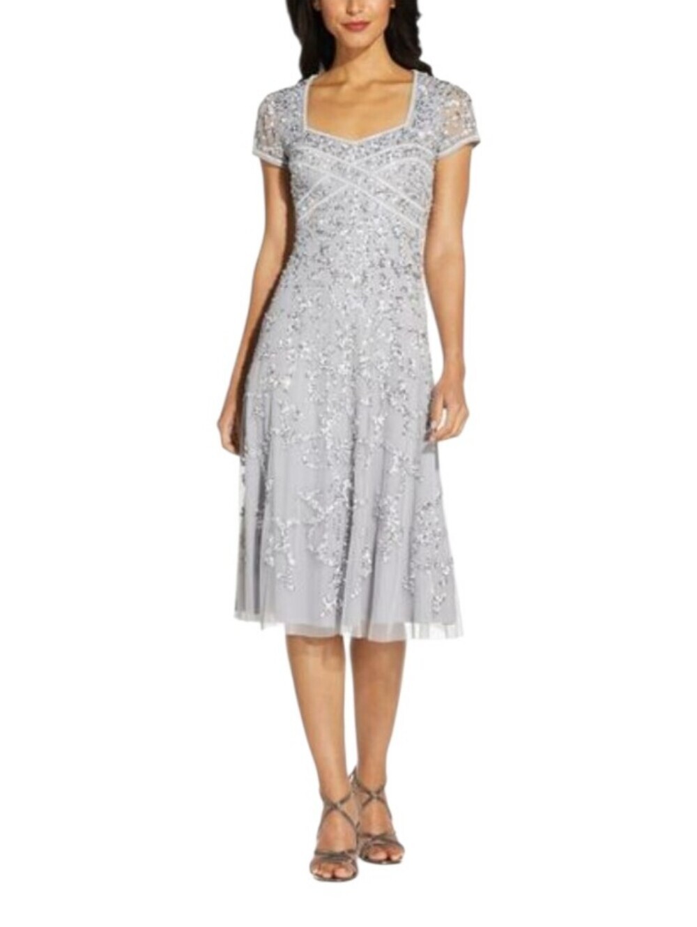 Adrianna Papell Beaded Sequin mermaid midi cocktail dress in silver